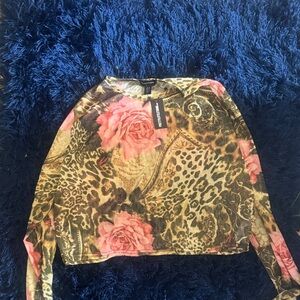 Elegant Mesh Floral and Leopard Long Sleeve Top
